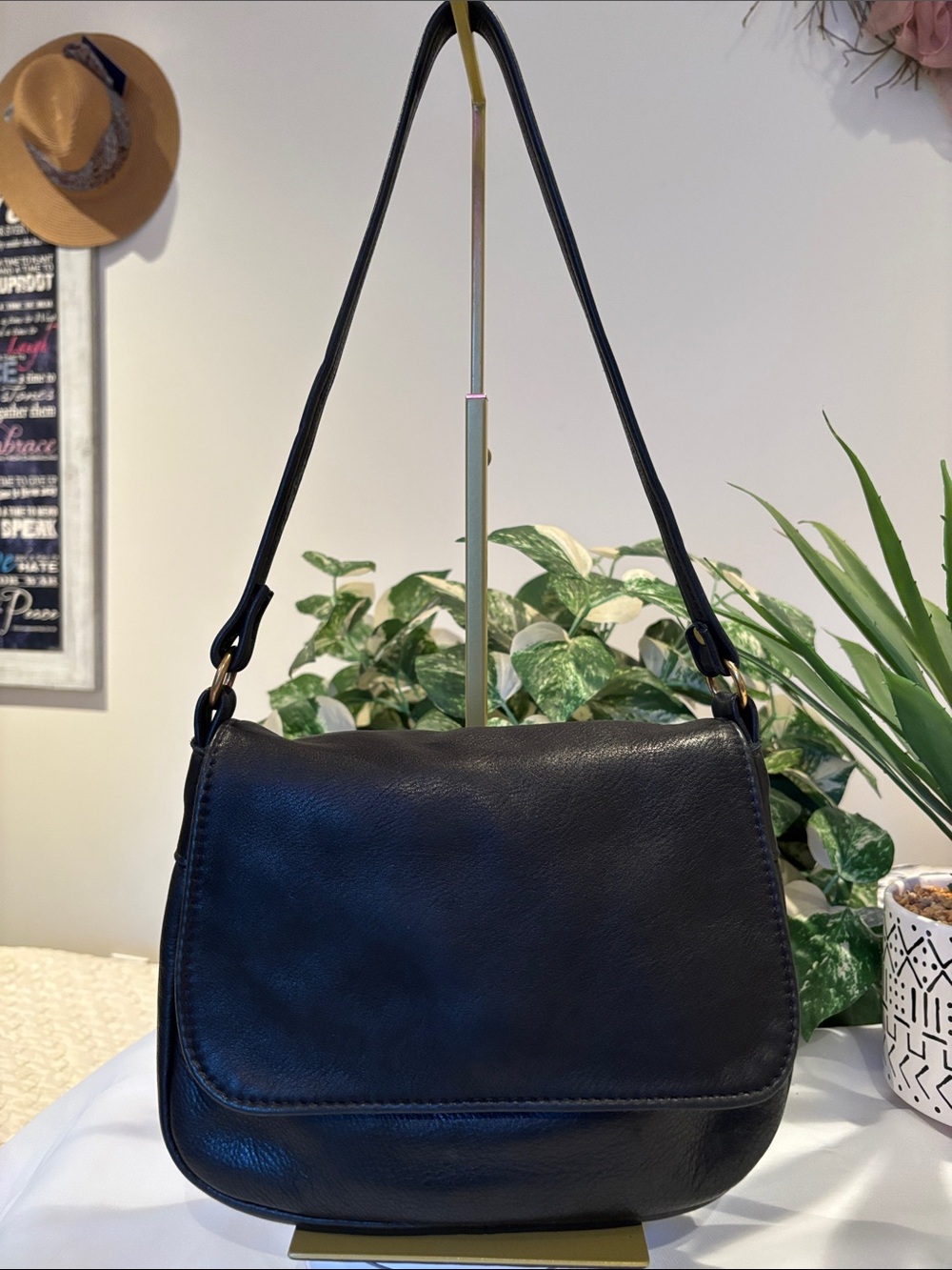 Black Leather Shoulder Bag with Flap Closure